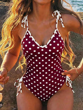 Vintage Polka Dot One Piece Suits Bathing Suit V Neck Self Tie Shoulder Strap Side Gathered High Leg Bikinis Swimwear