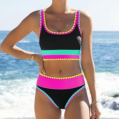 Wavy Trim 3 Piece Swimsuit U Neck Crop Tank Top Color Block Stripe Swim Skirt Cover Up Bathing Suits Beach Swimwear