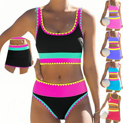 Wavy Trim 3 Piece Swimsuit U Neck Crop Tank Top Color Block Stripe Swim Skirt Cover Up Bathing Suits Beach Swimwear