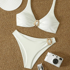 White Solid Color High Waist Bikini Set
