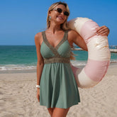 Woven Trim Solid Skirted 2 Piece Swimsuit V Neck Wrap Waist Sleeveless Bikinis Set