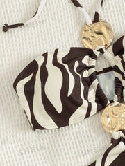 Zebra Print One Piece Suits Swimsuit Double Large Gold Metal Disc Cutout Halter Tie High Cut Bathing Suits Beach Swimwear