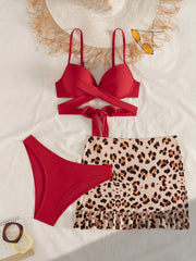 3 Piece Swimsuit Red Leopard Bikini Set