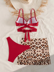 3 Piece Swimsuit Red Leopard Bikini Set