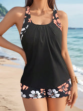 Conservative 2 Piece Swimsuit Black Stripe Print Patchwork Tankini Bikini Set