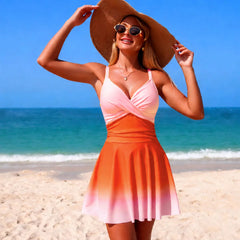 Ombre Gradient One Piece Swim Dress V Neck Twist Front Ruched Tummy Control Skirted Swimsuit Modest Bathing Suit Beach