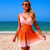 Ombre Gradient One Piece Swim Dress V Neck Twist Front Ruched Tummy Control Skirted Swimsuit Modest Bathing Suit Beach