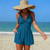 One Piece Swim Romper V Neck Mesh Panel Ruched Waist Tummy Control Casual Bathing Suit