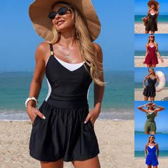 One Piece Swim Romper V Neck Tummy Control Skirted Swimsuit with Pockets Casual Beach Bathing Suit