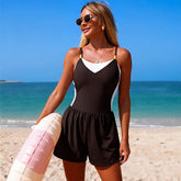 One Piece Swim Romper V Neck Tummy Control Skirted Swimsuit with Pockets Casual Beach Bathing Suit