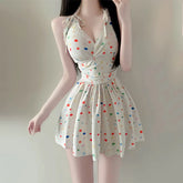 One-piece Skirt Swimsuit Beige Wave Point Print V Neck Korean Style Backless Slimming High Waist Bathing Suit Swimwear