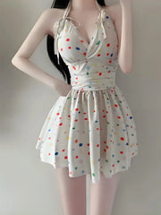 One-piece Skirt Swimsuit Beige Wave Point Print V Neck Korean Style Backless Slimming High Waist Bathing Suit Swimwear