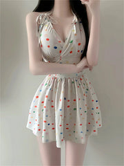 One-piece Skirt Swimsuit Beige Wave Point Print V Neck Korean Style Backless Slimming High Waist Bathing Suit Swimwear