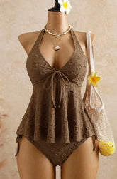 Solid Halter Neck Tie Front Textured Tankini Set