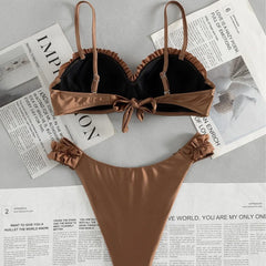Y2K Brown Two Piece Bathing Suit Structured Underwire Cup Ruffle Frill Thin Strap High Leg Cut Bikini Pool Vacation Swimwear