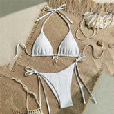 Yellow Halter String Triangle Micro Bikini Thong Solid Swimwears Bow Pearl Swimsuit Bathing Suit Bikinis Sets