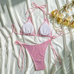 Yellow Halter String Triangle Micro Bikini Thong Solid Swimwears Bow Pearl Swimsuit Bathing Suit Bikinis Sets