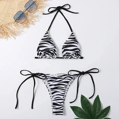 Zebra Striped Print Swimwear String Micro Bikini Thong Swimsuit Bathing Suit Halter Triangle Bikinis Sets
