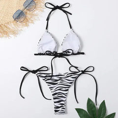 Zebra Striped Print Swimwear String Micro Bikini Thong Swimsuit Bathing Suit Halter Triangle Bikinis Sets