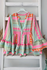 Phylis Linen Blend Colorful Ethnic Print Bell Sleeve Babydoll Blouse