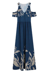 Ayden Plants Print Cold Shoulder Pocketed Flared Maxi Dress