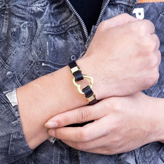 Bracelet Trendy Heart Shape Clasp Gold Metal Black Leather