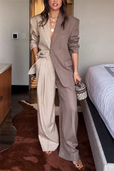 Girl Boss Avant-garde Contrast Colors Lapel Boyfriend Blazer and Pocketed Wide Leg Pants Set