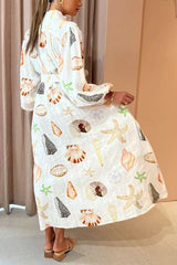 Swinton Marine Element Print Pocket Balloon Sleeve Belted Maxi Dress