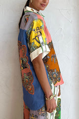 Pretty and Posh Linen Blend Mermaid Print Button Down Oversized Blouse