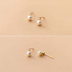 Earring Genuine 925 Sterling Silver Geometric Zircon Pearl Mini Small Stud Korean Style