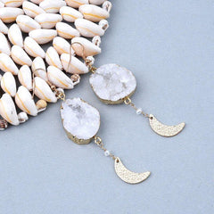Half Moon Natural White Stone Big Long Earrings