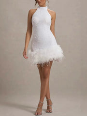 Dancefloor Elf Sequin Feather Trim High Neck A-line Mini Dress