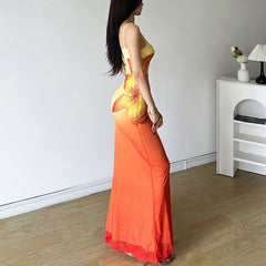 Gradient-Colored Flower-Patterned Fishnet Dress