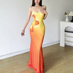 Gradient-Colored Flower-Patterned Fishnet Dress
