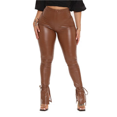 High-Waisted Hip-Lifting Pleated Skinny Long Leather Pants