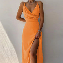 Sling Low Cut High Waist Pleated Maxi Dress