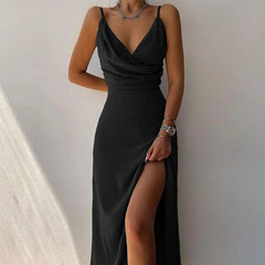 Sling Low Cut High Waist Pleated Maxi Dress