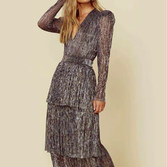 Christmas Elegant Sequin Long Sleeve V Neck Midi Dress