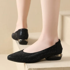 Diamond-studded matte round-toe flat shoes