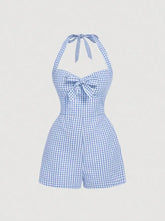 Retro Halterneck Halter Back Plaid Jumpsuit