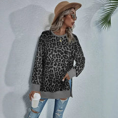 Leopard Print Round Neck Hem Split Top
