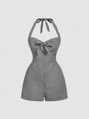 Retro Halterneck Halter Back Plaid Jumpsuit