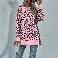 Leopard Print Round Neck Hem Split Top