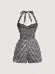 Retro Halterneck Halter Back Plaid Jumpsuit