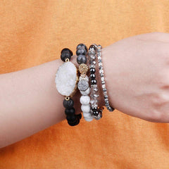 Natural Druzy Stone Bracelets Set Black Plastic Beads