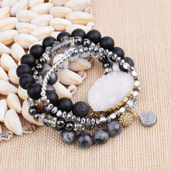 Natural Druzy Stone Bracelets Set Black Plastic Beads