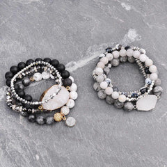 Natural Druzy Stone Bracelets Set Black Plastic Beads