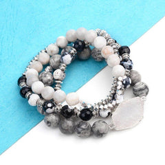 Natural Druzy Stone Bracelets Set Black Plastic Beads