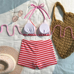pink striped Print shorts bottoms Swimwear Halter String Triangle Bikinis Sets