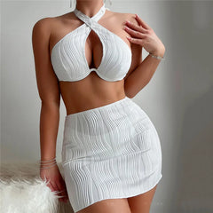 White Texture Swimsuit Cover Ups Halter Bikinis Hollow Out Swimwear Beach Wear Bathing Suit 3 Piece Bikini Set